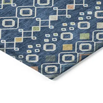 5' X 8' Navy Blue Ivory And Peach Geometric Washable Indoor Outdoor Area Rug