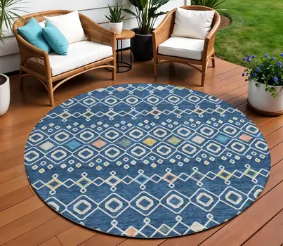 8' Navy Blue Ivory And Peach Round Geometric Washable Indoor Outdoor Area Rug