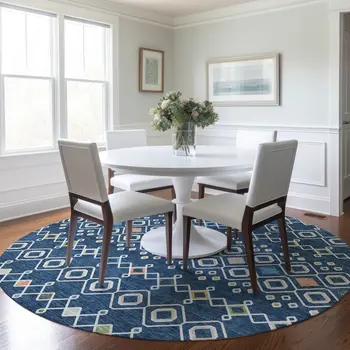 8' Navy Blue Ivory And Peach Round Geometric Washable Indoor Outdoor Area Rug