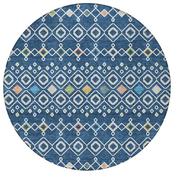 8' Navy Blue Ivory And Peach Round Geometric Washable Indoor Outdoor Area Rug