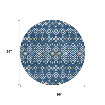8' Navy Blue Ivory And Peach Round Geometric Washable Indoor Outdoor Area Rug