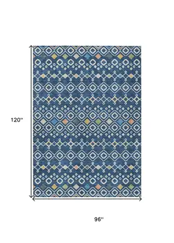 8' X 10' Navy Blue Ivory And Peach Geometric Washable Indoor Outdoor Area Rug