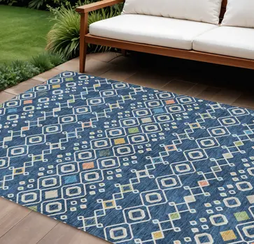 8' X 10' Navy Blue Ivory And Peach Geometric Washable Indoor Outdoor Area Rug