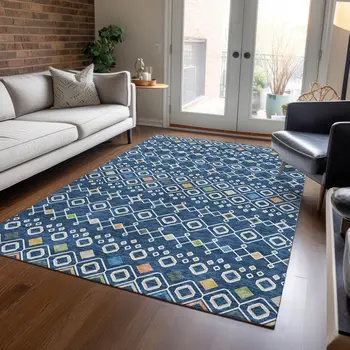 8' X 10' Navy Blue Ivory And Peach Geometric Washable Indoor Outdoor Area Rug