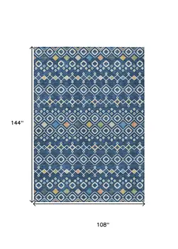 9' X 12' Navy Blue Ivory And Peach Geometric Washable Indoor Outdoor Area Rug