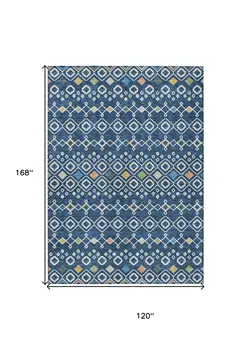 10' X 14' Navy Blue Ivory And Peach Geometric Washable Indoor Outdoor Area Rug