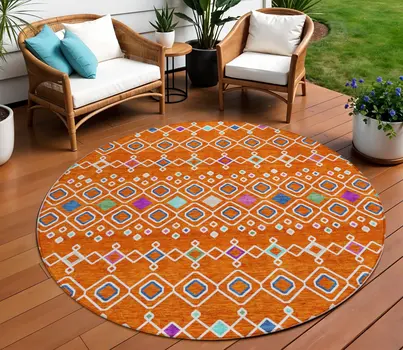 8' Orange Blue And Purple Round Geometric Washable Indoor Outdoor Area Rug