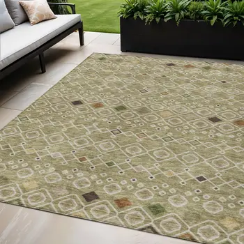 5' X 8' Sage Ivory And Beige Geometric Washable Indoor Outdoor Area Rug
