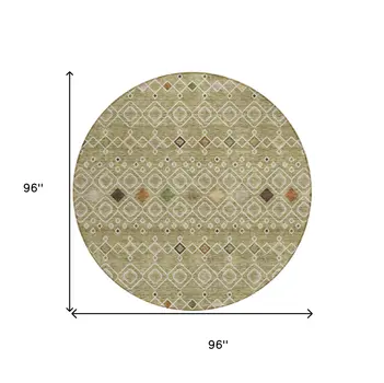 8' Sage Ivory And Beige Round Geometric Washable Indoor Outdoor Area Rug