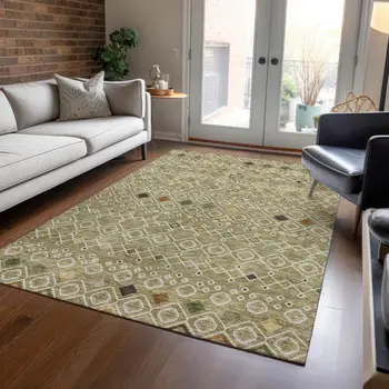 8' X 10' Sage Ivory And Beige Geometric Washable Indoor Outdoor Area Rug