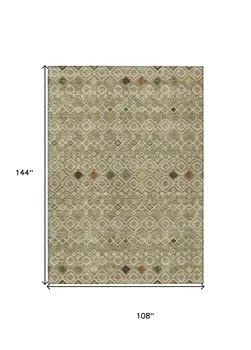 9' X 12' Sage Ivory And Beige Geometric Washable Indoor Outdoor Area Rug
