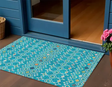 3' X 5' Teal Blue Ivory And Gold Geometric Washable Indoor Outdoor Area Rug