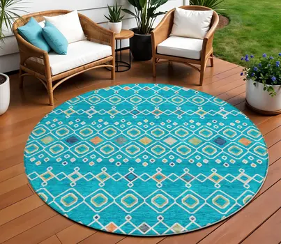 8' Teal Blue Ivory And Gold Round Geometric Washable Indoor Outdoor Area Rug