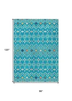 8' X 10' Teal Blue Ivory And Gold Geometric Washable Indoor Outdoor Area Rug