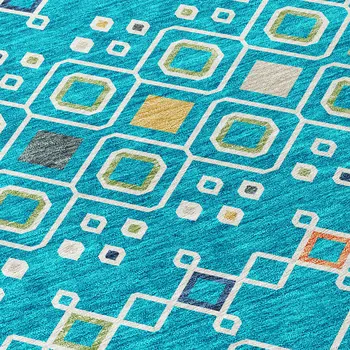 8' X 10' Teal Blue Ivory And Gold Geometric Washable Indoor Outdoor Area Rug