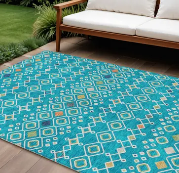 9' X 12' Teal Blue Ivory And Gold Geometric Washable Indoor Outdoor Area Rug