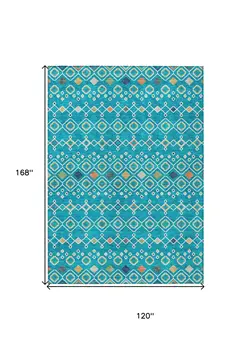 10' X 14' Teal Blue Ivory And Gold Geometric Washable Indoor Outdoor Area Rug