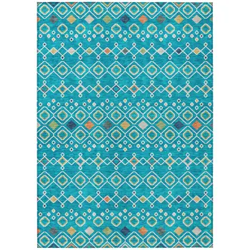 10' X 14' Teal Blue Ivory And Gold Geometric Washable Indoor Outdoor Area Rug