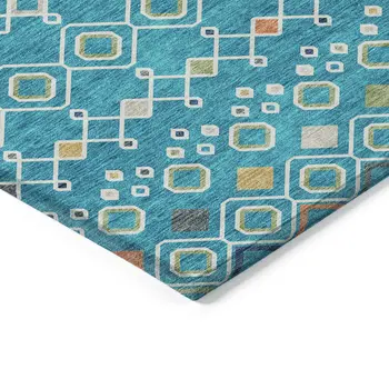 10' X 14' Teal Blue Ivory And Gold Geometric Washable Indoor Outdoor Area Rug