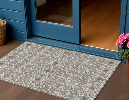 3' X 5' Taupe Gray And Gold Geometric Washable Indoor Outdoor Area Rug