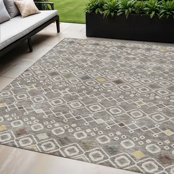 5' X 8' Taupe Gray And Gold Geometric Washable Indoor Outdoor Area Rug