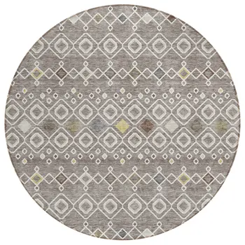 8' Taupe Gray And Gold Round Geometric Washable Indoor Outdoor Area Rug