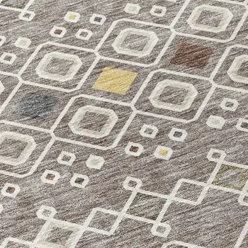 8' Taupe Gray And Gold Round Geometric Washable Indoor Outdoor Area Rug