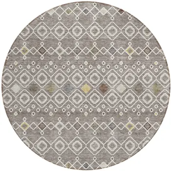 8' Taupe Gray And Gold Round Geometric Washable Indoor Outdoor Area Rug