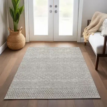 10' X 14' Beige And Ivory Chevron Washable Indoor Outdoor Area Rug