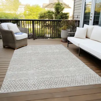 10' X 14' Beige And Ivory Chevron Washable Indoor Outdoor Area Rug