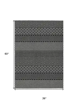 3' X 5' Black And Ivory Chevron Washable Indoor Outdoor Area Rug