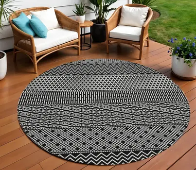 8' Black And Ivory Round Chevron Washable Indoor Outdoor Area Rug