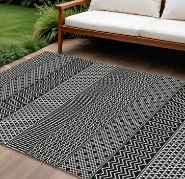9' X 12' Black And Ivory Chevron Washable Indoor Outdoor Area Rug