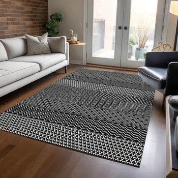 10' X 14' Black And Ivory Chevron Washable Indoor Outdoor Area Rug