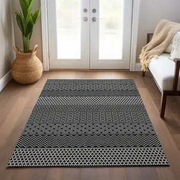 10' X 14' Black And Ivory Chevron Washable Indoor Outdoor Area Rug