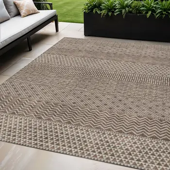 5' X 8' Brown And Ivory Chevron Washable Indoor Outdoor Area Rug