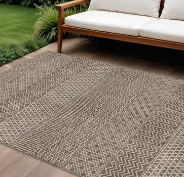8' X 10' Brown And Ivory Chevron Washable Indoor Outdoor Area Rug