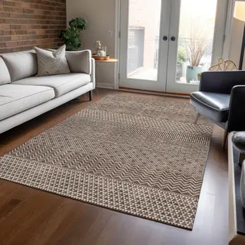 10' X 14' Brown And Ivory Chevron Washable Indoor Outdoor Area Rug