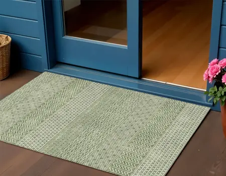 3' X 5' Green And Ivory Chevron Washable Indoor Outdoor Area Rug