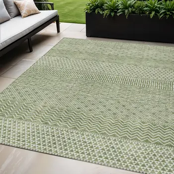 5' X 8' Green And Ivory Chevron Washable Indoor Outdoor Area Rug