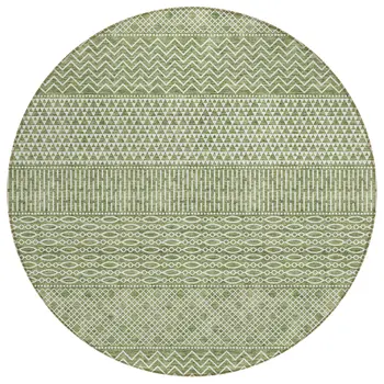 8' Green And Ivory Round Chevron Washable Indoor Outdoor Area Rug