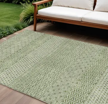 8' X 10' Green And Ivory Chevron Washable Indoor Outdoor Area Rug