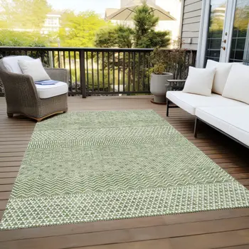 10' X 14' Green And Ivory Chevron Washable Indoor Outdoor Area Rug
