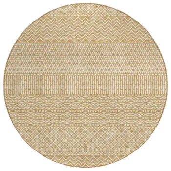 8' Gold And Ivory Round Chevron Washable Indoor Outdoor Area Rug
