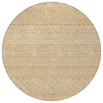 8' Gold And Ivory Round Chevron Washable Indoor Outdoor Area Rug