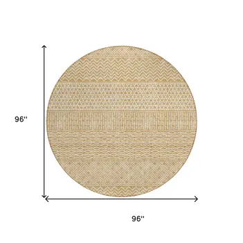 8' Gold And Ivory Round Chevron Washable Indoor Outdoor Area Rug