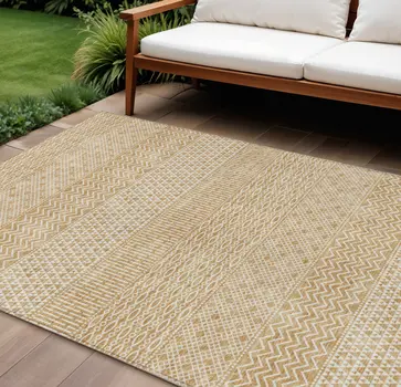 9' X 12' Gold And Ivory Chevron Washable Indoor Outdoor Area Rug