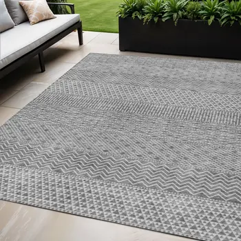 5' X 8' Gray And Silver Chevron Washable Indoor Outdoor Area Rug