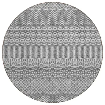8' Gray And Silver Round Chevron Washable Indoor Outdoor Area Rug