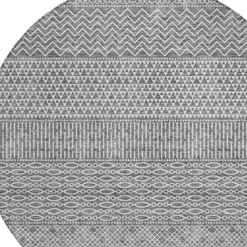 8' Gray And Silver Round Chevron Washable Indoor Outdoor Area Rug